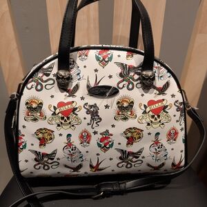 Ed Hardy Black and White Tattoo Print Crossbody Thermal Lined Lunch Tote